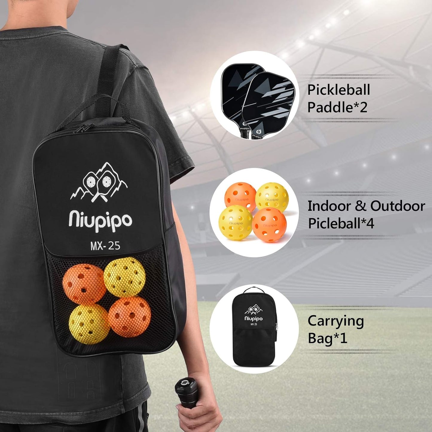 Pickleball Paddles Set of 2/4, USAPA Approved Lightweight Pickleball Rackets, Durable Fiberglass Surface with Polypropylene Honeycomb Core, Cushion Grip and Carry Bag