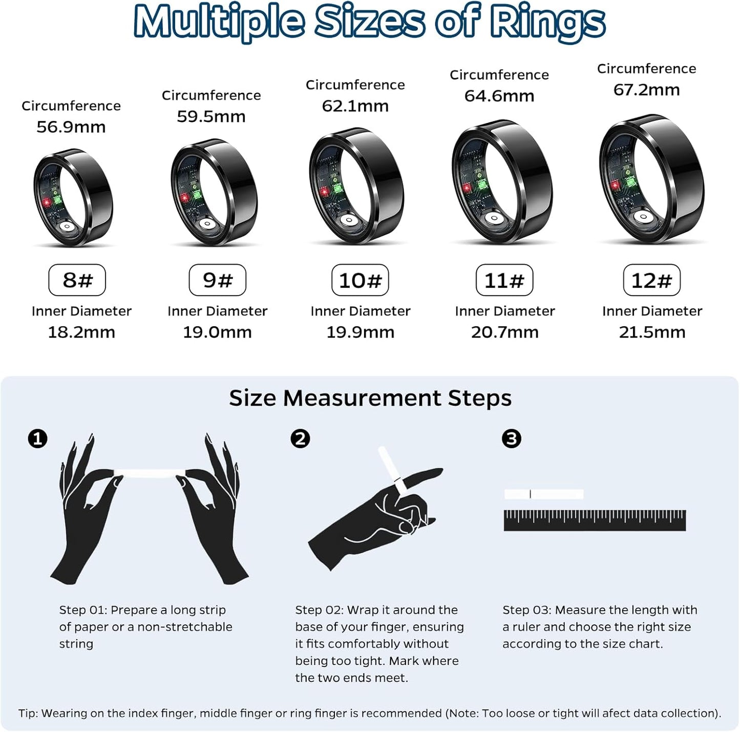 Smart Ring Health and Activity Tracker - Waterproof Sleep and Heart Rate Monitoring Ring with Air Gesture Control, 7-Day Battery Life, Compatible with iOS and Android (Black, #11)