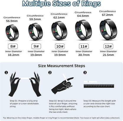 Smart Ring Health and Activity Tracker - Waterproof Sleep and Heart Rate Monitoring Ring with Air Gesture Control, 7-Day Battery Life, Compatible with iOS and Android (Black, #11)